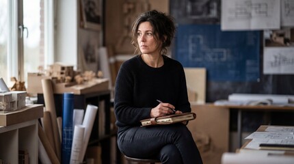 Architectural designer at work in studio creative process modern workspace thoughtful perspective