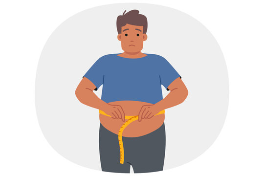 Fat man suffering from obesity measures waist and sadly looks at screen, looking for help. Problem of obesity upsets guy who does not follow diet due to lack of willpower and motivation