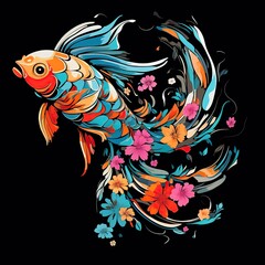 Vibrant Multicolored Koi Fish Intertwined with Blossoming Flowers on Black Background