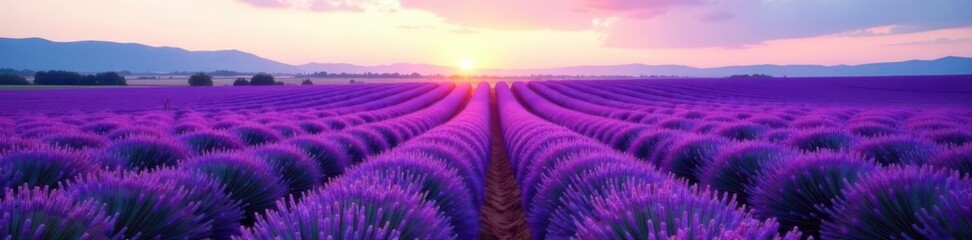 Fototapeta premium Vast lavender plantation, rows stretching to horizon, floral, calm