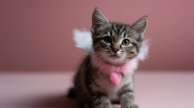 cute fluffy kitten sitting calmly and facing forward on a clean seamless backdrop