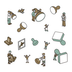 イベントや観光でさまざまなスタンプを押す人々のイラスト素材セット