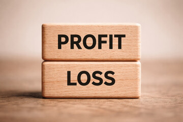 Concept of financial risk with profit and loss on two stacked wooden blocks. business and investment choice representing thoughtful challenge and crucial decision