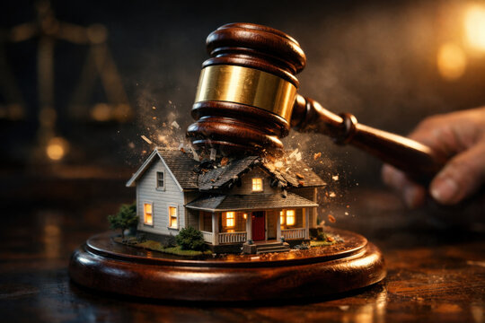 Dramatic symbolic justice concept with court gavel delivering final judgment on house. This powerful scene represents property law, legal disputes, and foreclosure