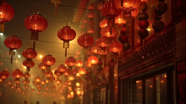 Red lanterns illuminate a traditional street at night, creating a festive and warm atmosphere.