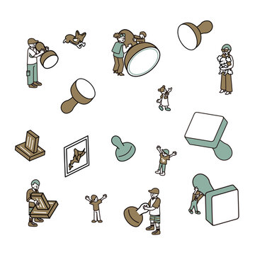 イベントや観光でさまざまなスタンプを押す人々のイラスト素材セット