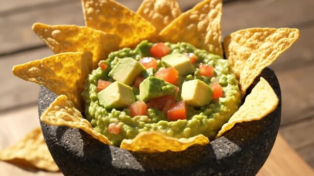 Fresh guacamole with avocado chunks and tomato in a stone molcajete bowl surrounded by tortilla chips on a wooden table, 4k video