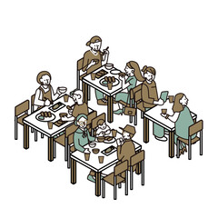 レストランで複数人が食事を楽しむ様子の人物イラスト素材