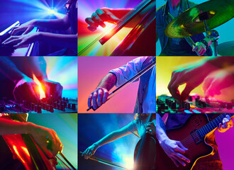 Collage of musician hands playing instruments under colorful stage lights. Concept of live music performance, sound production, concert atmosphere, creative process, and entertainment visuals. © master1305