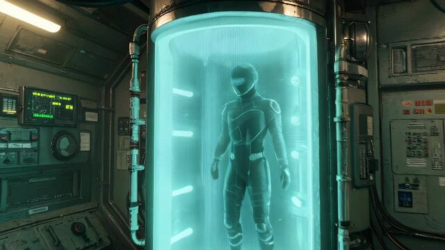 Human clone in cryocapsule within futuristic laboratory with glowing control panels for advanced medical research and technology