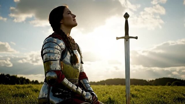 Female Knight in Armor Kneeling and Praying in a Field at Sunset, Medieval Warrior Seeking Divine Guidance.