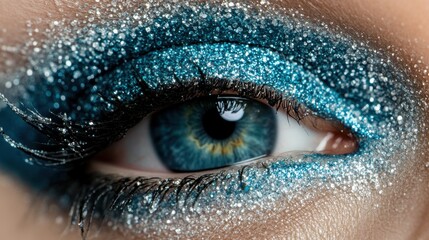 Close-up showcasing mesmerizing blue eye makeup with intricate, sparkling glitter accents enhancing its allure and depth. Mesmerizing beauty!
