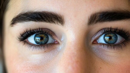 Fototapeta premium A close-up shot of mesmerizing eyes reveals a spectrum of colors, framed by dark lashes and perfectly shaped brows, conveying beauty.