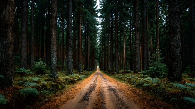 Symmetrical view down a straight dirt road cutting through a dense pine forest with tall trees lining the path under moody overcast lighting.