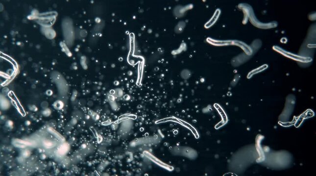 Bacteria suspended in a dark liquid environment, viewed from a close-up perspective, with microorganisms floating freely.