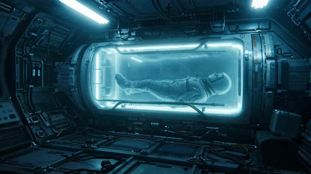 Person in futuristic cryosleep capsule on spaceship. Future technology, hibernation chamber on space journey. Cloning process.