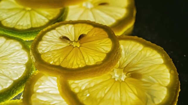 Macro shot of backlit lemon and lime slices. Slow pan across translucent citrus fruit segments showing pulp and seeds. Fresh and healthy food concept