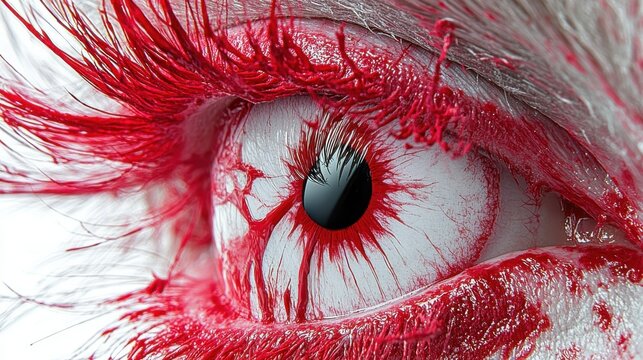 Intense close-up of a bloodshot eye with vivid red accents highlighting the veins and lashes, creating a striking and dramatic visual effect.
