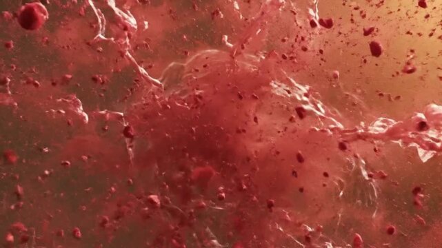Red cell exploding and disintegrating into liquid debris -Medical 3D animation of cell destruction or lysis