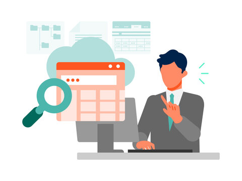 CRM workflow illustration showing customer management and sales progress with dashboard overview, data organization, task tracking and process efficiency