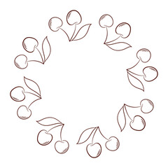Cherry illustration wreath in line art style. Cherry design for package isolated on white background.
