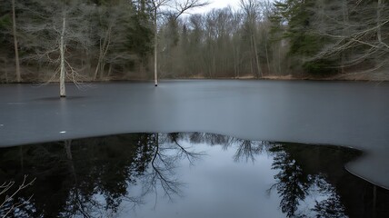 Frozen pond surface reflects dark, bare winter trees under an overcast sky in a forest setting.