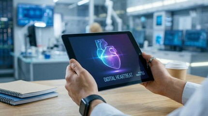 Medical professional examines digital heart graphic on tablet in modern laboratory setting from over shoulder viewpoint