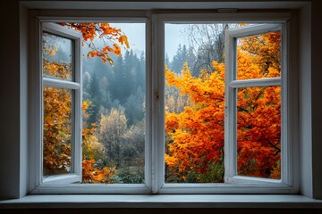 White window frame looking out onto a forest filled with vibrant autumn leaves and golden foliage, bathed in bright natural daylight.