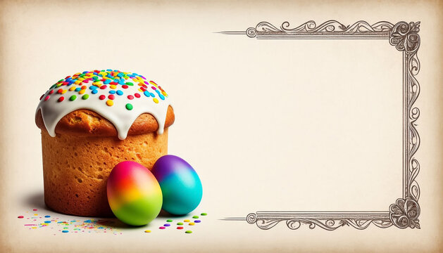 Festive Easter Card Template Doodle Kulich and Eggs with Copy Space for Text - Powered by Adobe