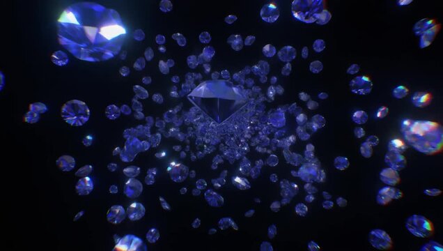 Sparkling Blue Diamonds Falling on Black Background Luxury Jewels Gemstones Floating in Air