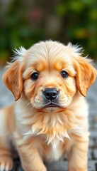 Fluffy golden retriever pup with big, innocent eyes, looking curious and playful,  young,  golden retriever