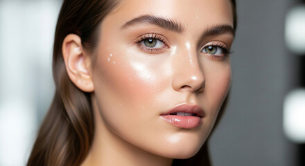 Fototapeta premium Natural Dewy Skin Beauty Portrait with Subtle Pearl Sheen Moist Highlights and Soft Bokeh Healthy Skincare Concept