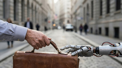 Handshake briefcase business man robot ai employment displacement replacement anxiety