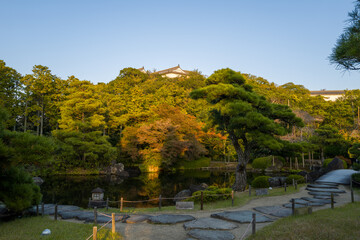 Fototapeta premium Curved stone walkway winds past sculpted pine trees and a tranquil pond in Koko-en Garden, Himeji, Japan. Soft golden light highlights lush greenery and the distant castle roof above the treetops.