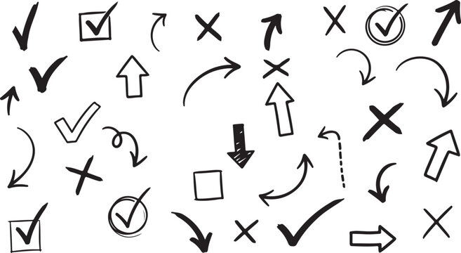Hand Drawn Arrows and Checkmarks Collection Isolated on white background