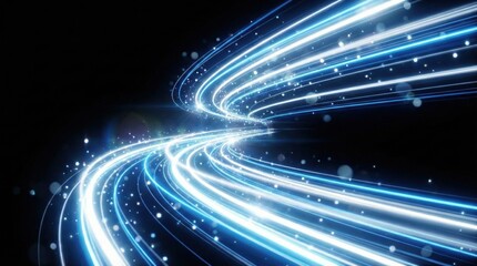 Futuristic blue light trail in motion on dark background,technology concept of speed,data transfer,high-speed internet,communication and fiber optic digital connectivity network