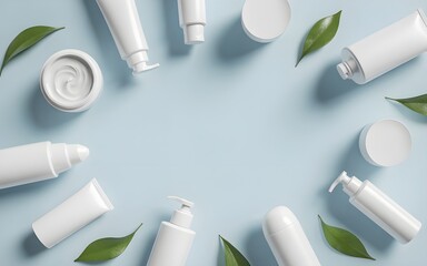 Minimalist arrangement of white cosmetic products and green leaves on a light blue background