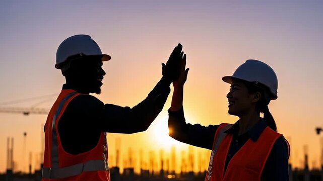 Sunset Celebration among Construction Workers: Diverse Team in Safety Gear Exchanging High-Fives