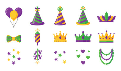 Mardi Gras Party Icons Balloons Hats Crowns and Decorations on White © Nurlaily