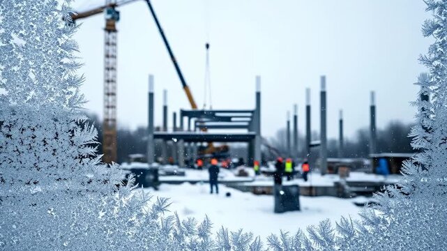 Cold Weather Construction Site with Steel Frames and Workers During Winter