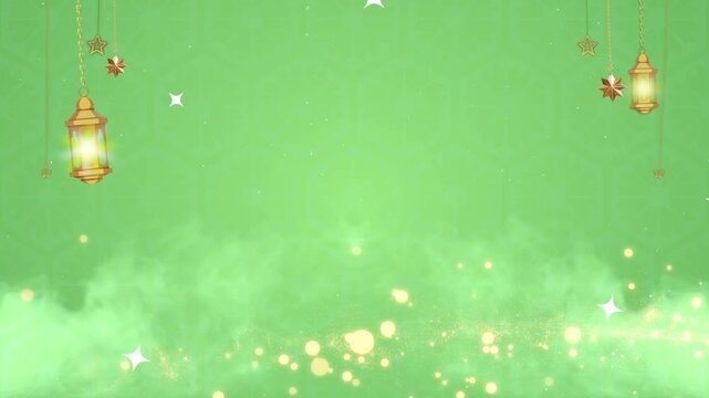 Festive ornamental islamic lanterns dangle above mystic green background displaying shimmering golden sparkles and soft atmospheric smoke effects 