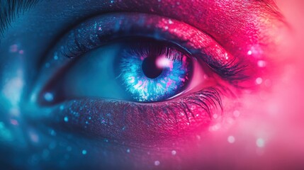 An intense, close-up view of a vibrant blue eye, illuminated by neon pink and cyan hues, creating a mesmerizing and ethereal aesthetic.