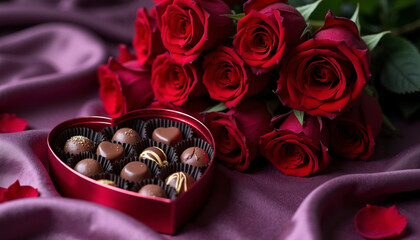 Elegant heart-shaped box of chocolates with red roses on a luxurious fabric background