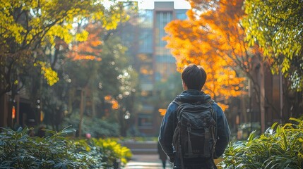 young man walking through autumn campus