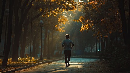 Man Running in Golden Autumn Park Path with Sun Rays