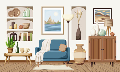 Living room interior design in beige and blue colors. Cozy living room. Cartoon vector illustration