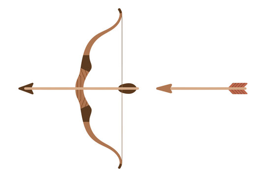 Brown wooden bow and arrow set, isolated on white background, hunting equipment illustration