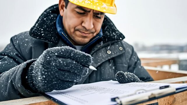 Construction Worker Evaluating Project Plans in Snowy Weather with Hard Hat and Gloves