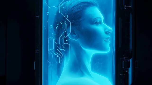 Woman in cryocapsule with circuit pattern. Human cloning and future biotechnology concept for life extension.