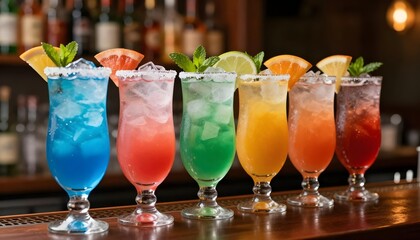 A vibrant row of colorful cocktails garnished with fruit and mint on a bar counter
